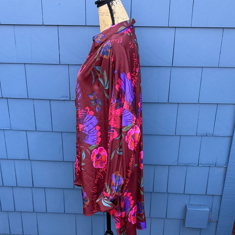 Free People Burgundy Floral Button-Down Shirt oversized - Picture 6 of 10